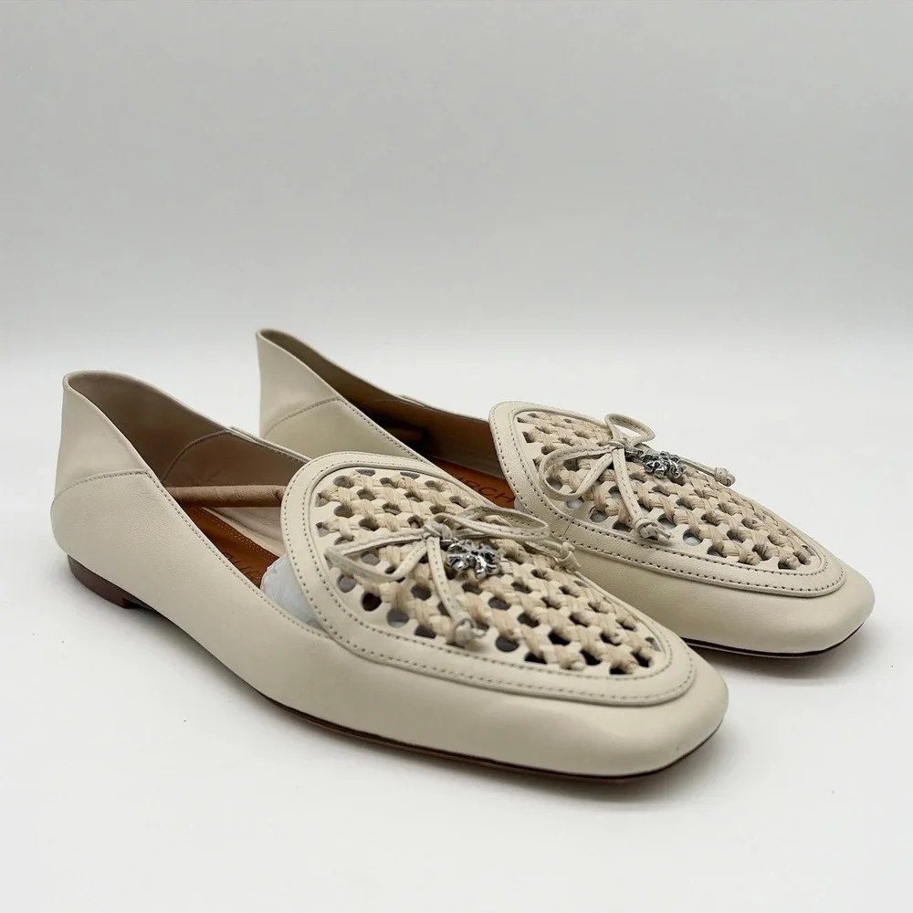 Tory Burch Woven Leather Ivory Charm Loafers Square Toe Flats Bow Detail Size 7